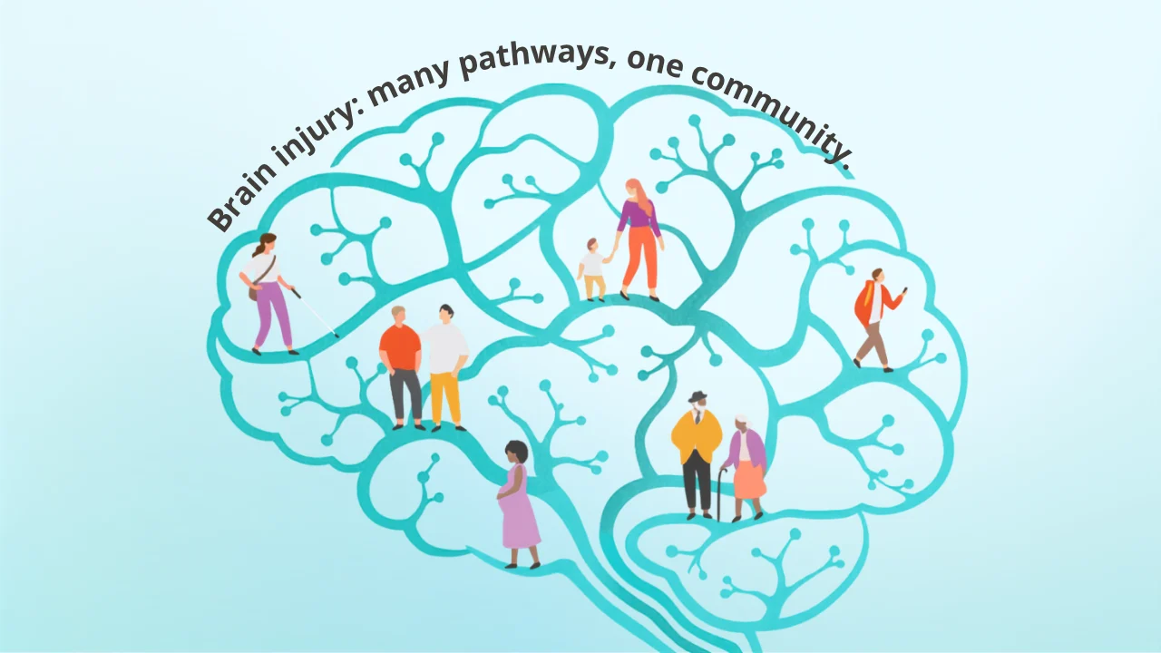 Illustration of a brain drawn as branching teal pathways, with small figures of people of different ages standing along the branches. Text reads: "Brain injury: many pathways, one community.