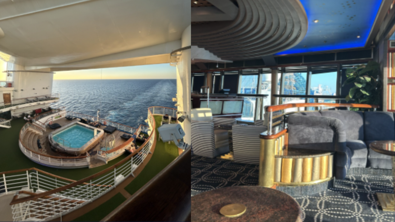 Split image showing accessibility features on a cruise ship. Left: an outdoor deck with a swimming pool, surrounding seating and railings overlooking the ocean. Right: an indoor lounge area with wide walkways, seating and open spaces designed for easy navigation around the ship.