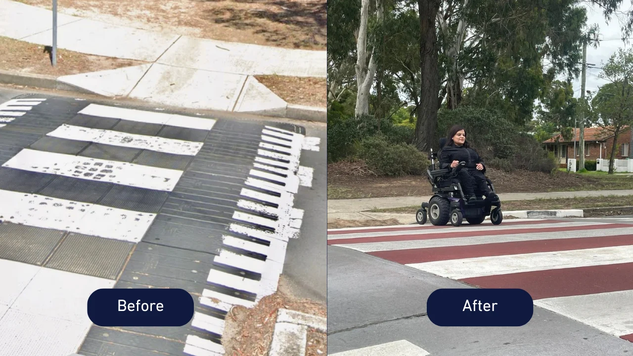 Comparison of a pedestrian crossing before and after accessibility upgrades, with a powered wheelchair user crossing in the updated image.