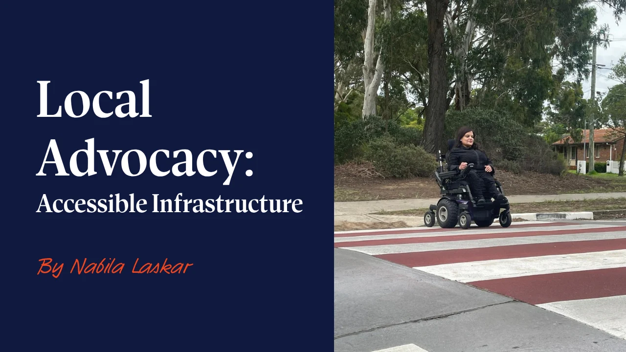 Nabila is crossing a marked pedestrian crossing user her power wheelchair.